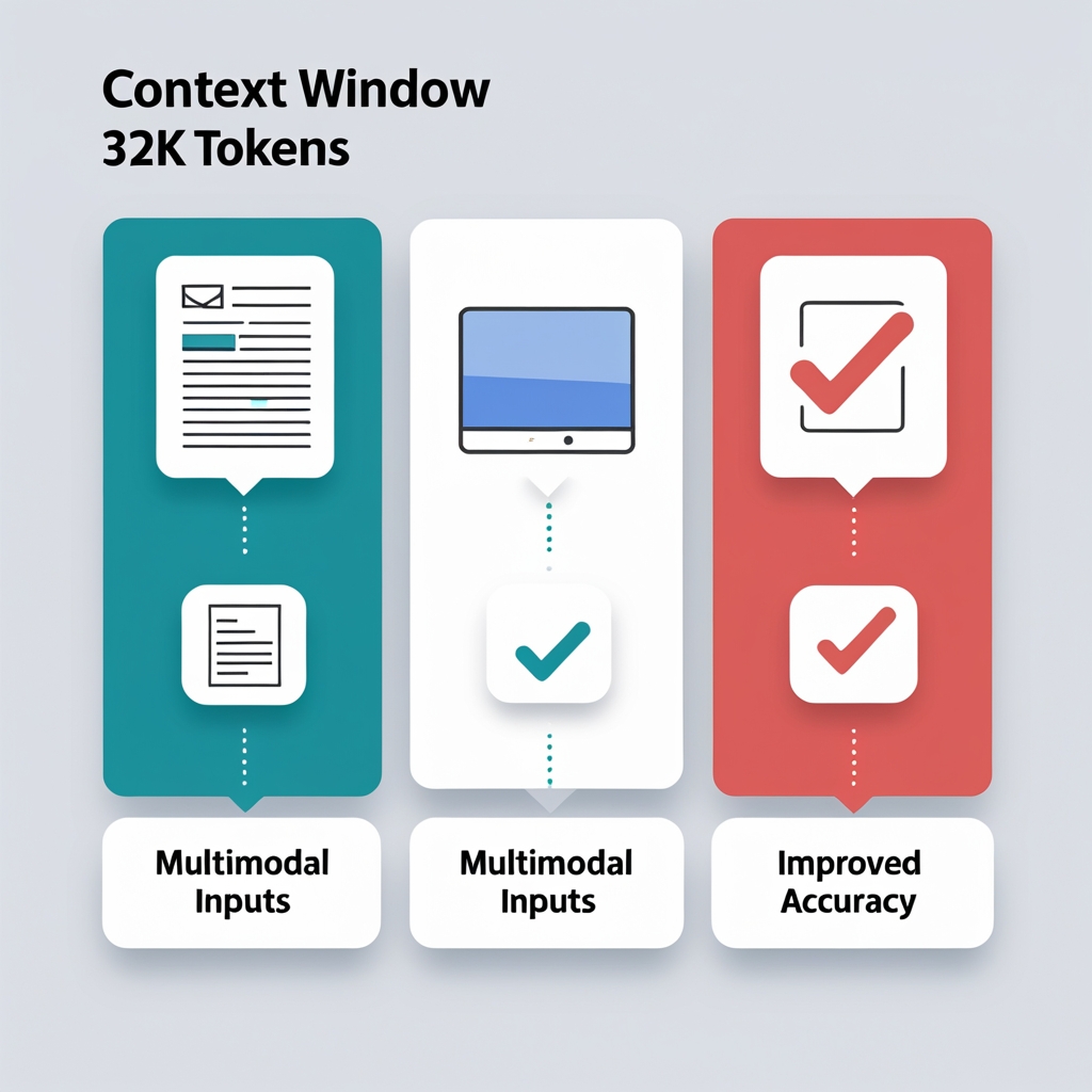 Table comparing GPT-4 features: context window, multimodal inputs, improved accuracy