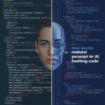 Split-screen showing human on one side and AI on the other with code flowing in background