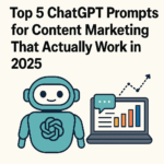 Illustration of a friendly teal robot using a laptop with colorful marketing graphs